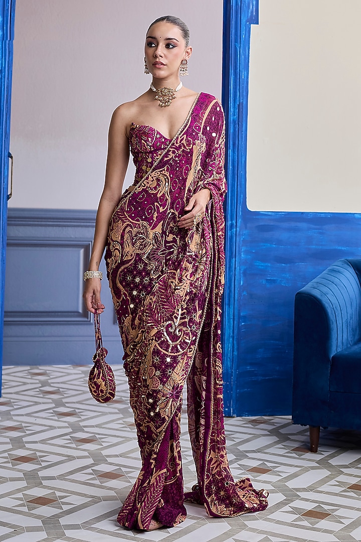 Magenta Georgette Floral Printed Draped Skirt Wedding Saree Set by DiyaRajvvir at Pernia's Pop Up Shop