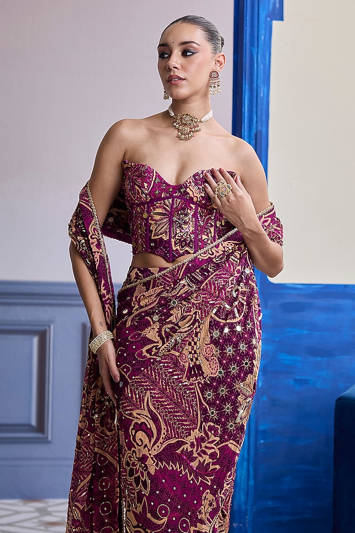 Magenta Georgette Floral Printed Draped Skirt Wedding Saree Set by DiyaRajvvir at Pernia's Pop Up Shop