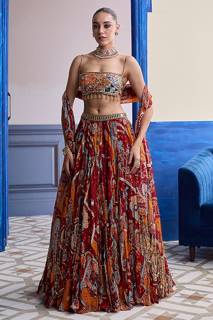 Rust Organza & Crepe Mosaic Printed Wedding Lehenga Set by DiyaRajvvir at Pernia's Pop Up Shop