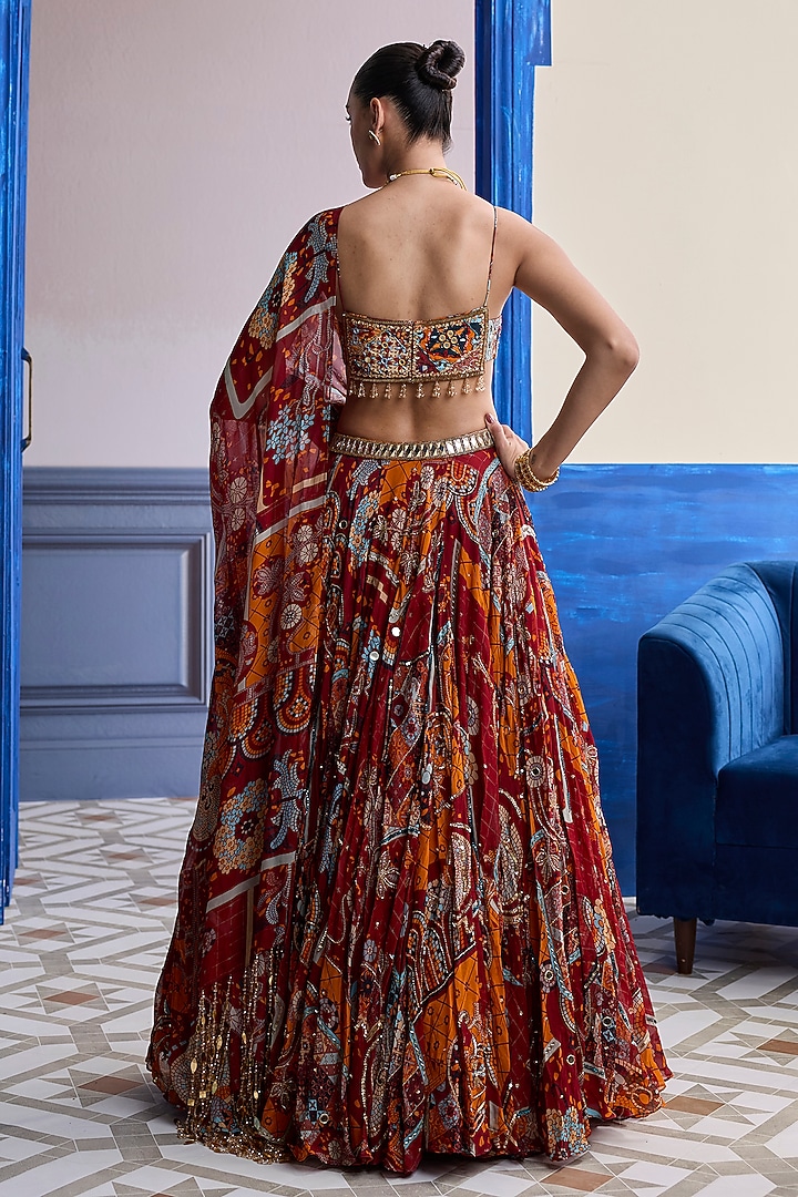 Rust Organza & Crepe Mosaic Printed Wedding Lehenga Set by DiyaRajvvir at Pernia's Pop Up Shop