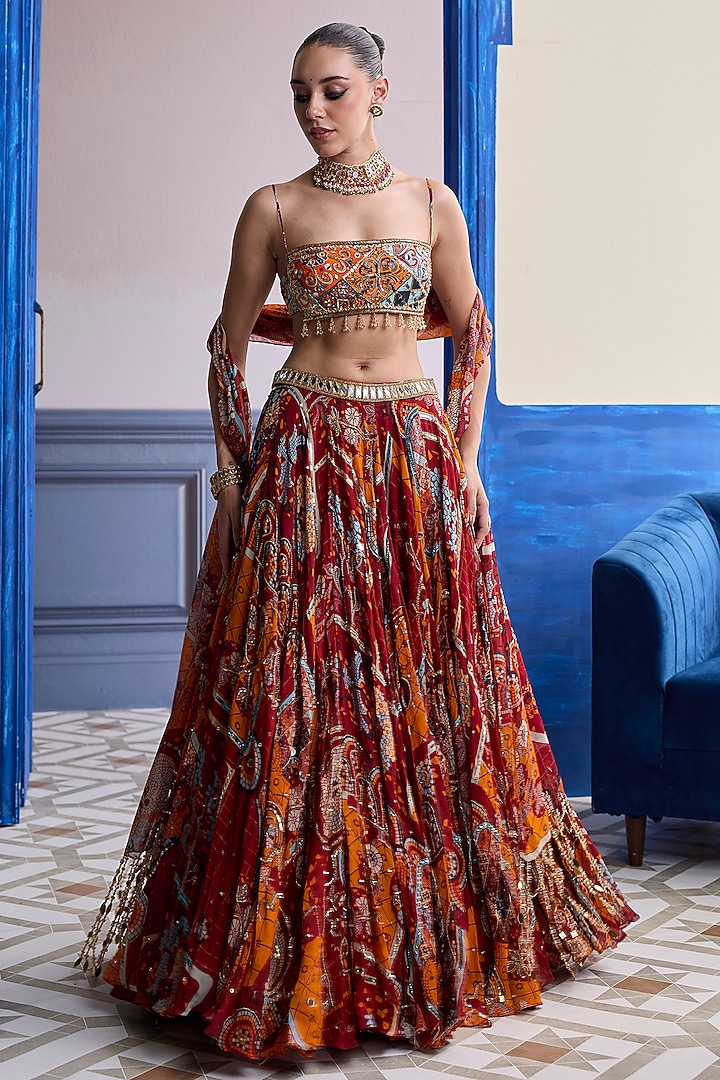 Rust Organza & Crepe Mosaic Printed Wedding Lehenga Set by DiyaRajvvir at Pernia's Pop Up Shop