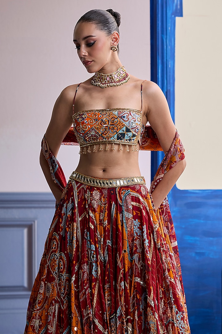 Rust Organza & Crepe Mosaic Printed Wedding Lehenga Set by DiyaRajvvir at Pernia's Pop Up Shop