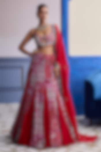 Red Crepe Floral Printed Skirt Set by DiyaRajvvir at Pernia's Pop Up Shop