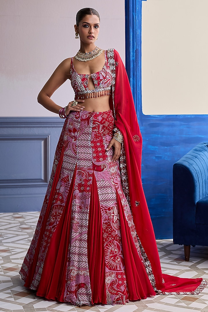 Red Crepe Floral Printed Skirt Set by DiyaRajvvir at Pernia's Pop Up Shop