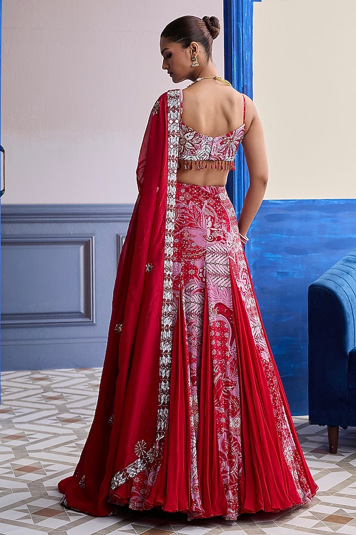 Red Crepe Floral Printed Skirt Set by DiyaRajvvir at Pernia's Pop Up Shop