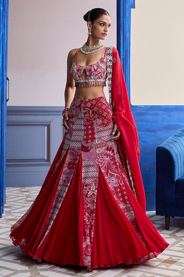 Red Crepe Floral Printed Skirt Set by DiyaRajvvir at Pernia's Pop Up Shop