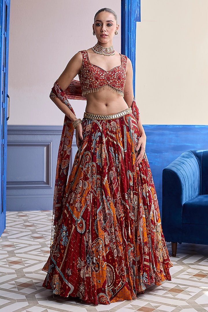 Rust Organza Mosaic Printed Wedding Lehenga Set by DiyaRajvvir at Pernia's Pop Up Shop