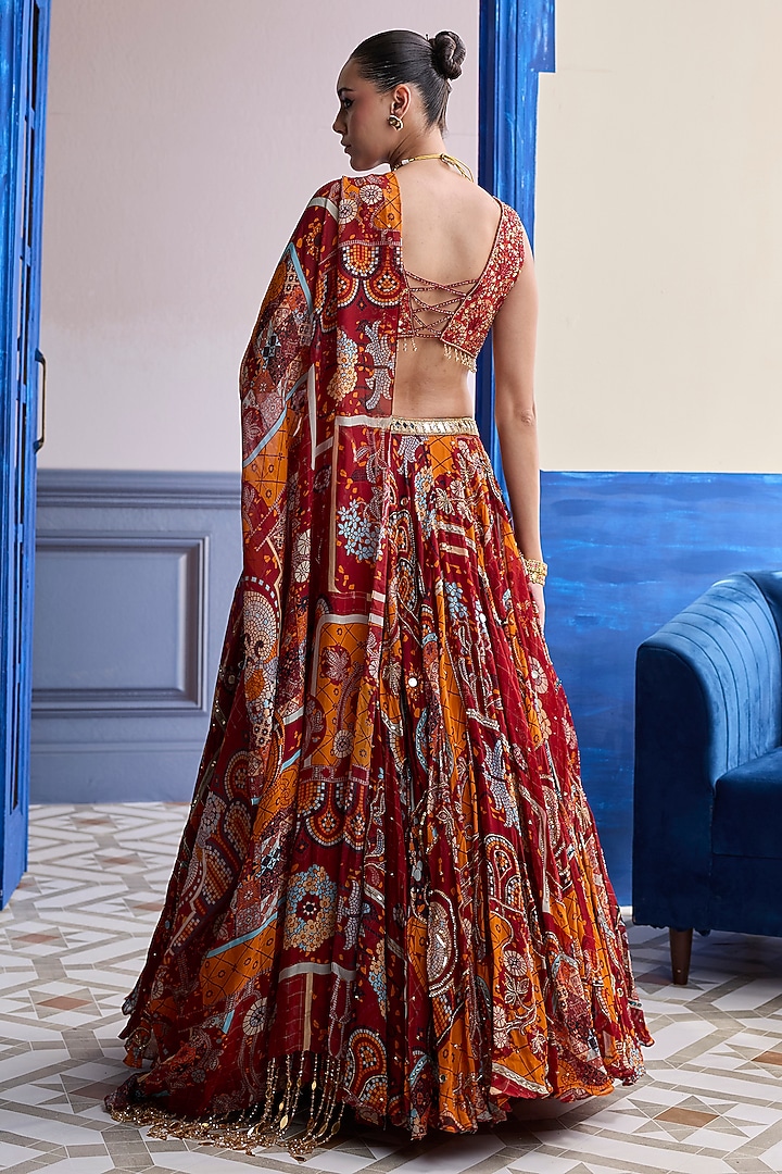 Rust Organza Mosaic Printed Wedding Lehenga Set by DiyaRajvvir at Pernia's Pop Up Shop