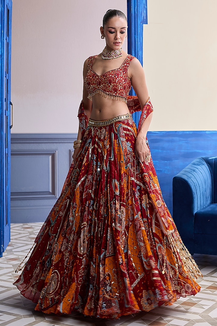 Rust Organza Mosaic Printed Wedding Lehenga Set by DiyaRajvvir at Pernia's Pop Up Shop