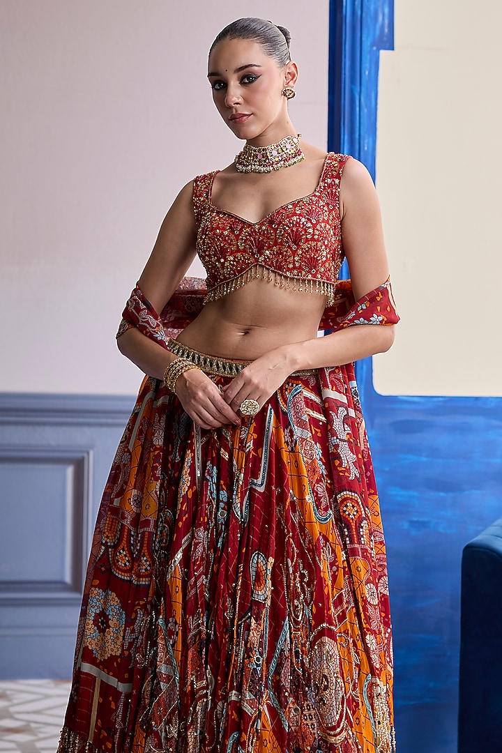 Rust Organza Mosaic Printed Wedding Lehenga Set by DiyaRajvvir at Pernia's Pop Up Shop