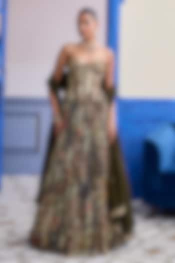 Olive Dola Silk & Organza Printed Wedding Lehenga Set by DiyaRajvvir at Pernia's Pop Up Shop