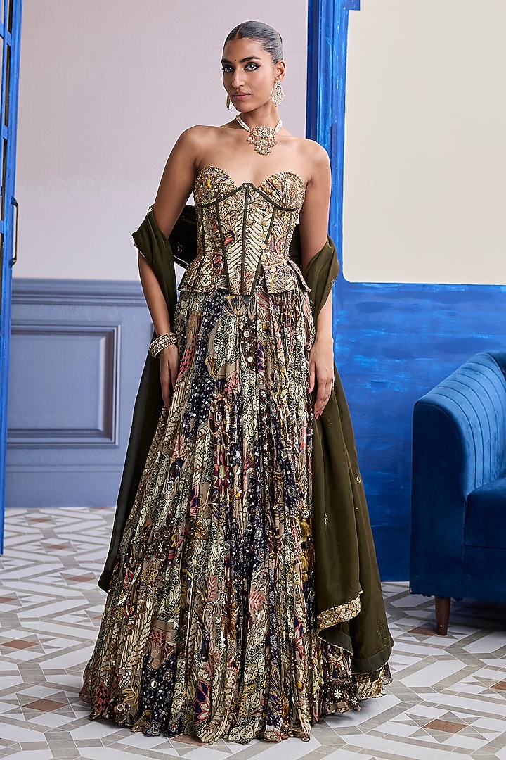 Olive Dola Silk & Organza Printed Wedding Lehenga Set by DiyaRajvvir at Pernia's Pop Up Shop