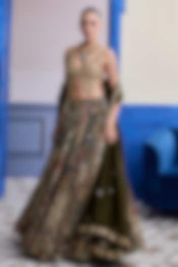 Olive Tulle & Organza Printed Wedding Lehenga Set by DiyaRajvvir at Pernia's Pop Up Shop