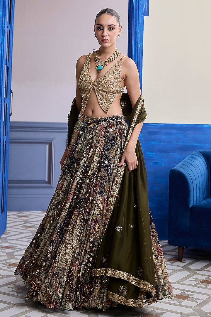 Olive Tulle & Organza Printed Wedding Lehenga Set by DiyaRajvvir at Pernia's Pop Up Shop