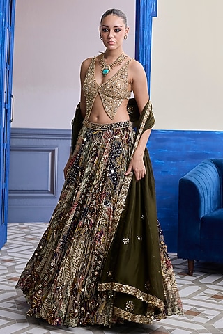 Olive Tulle & Organza Printed Lehenga Set by DiyaRajvvir