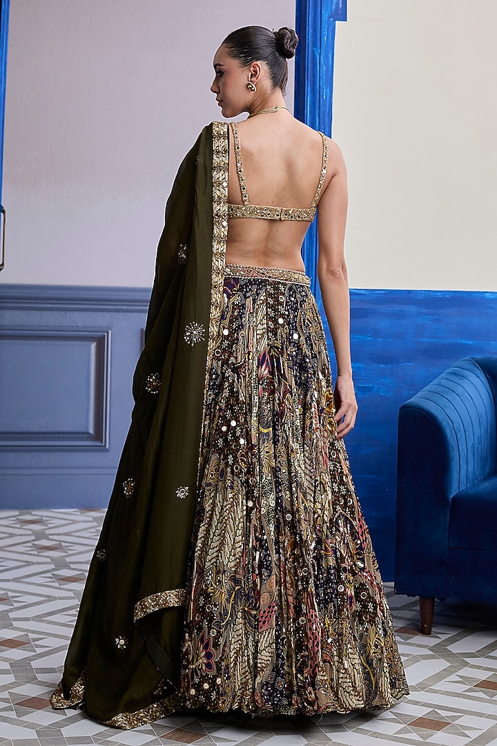 Olive Tulle & Organza Printed Wedding Lehenga Set by DiyaRajvvir at Pernia's Pop Up Shop