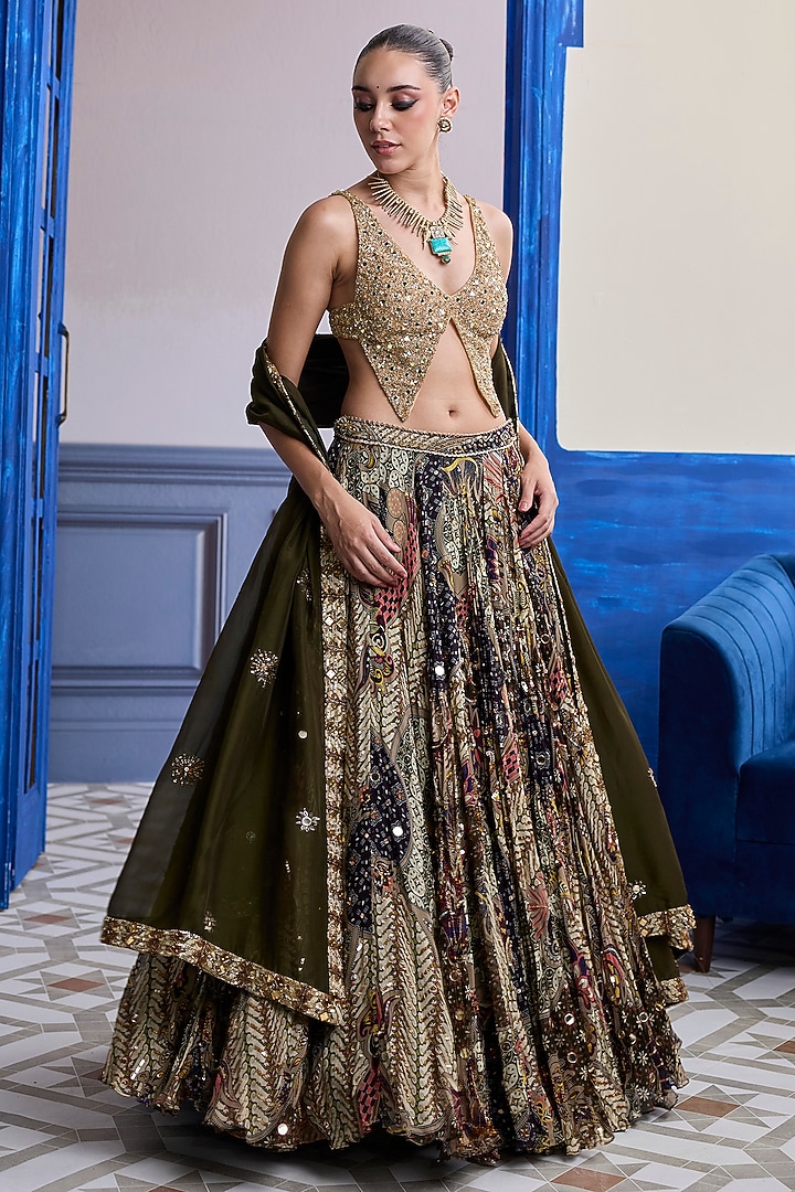 Olive Tulle & Organza Printed Wedding Lehenga Set by DiyaRajvvir at Pernia's Pop Up Shop