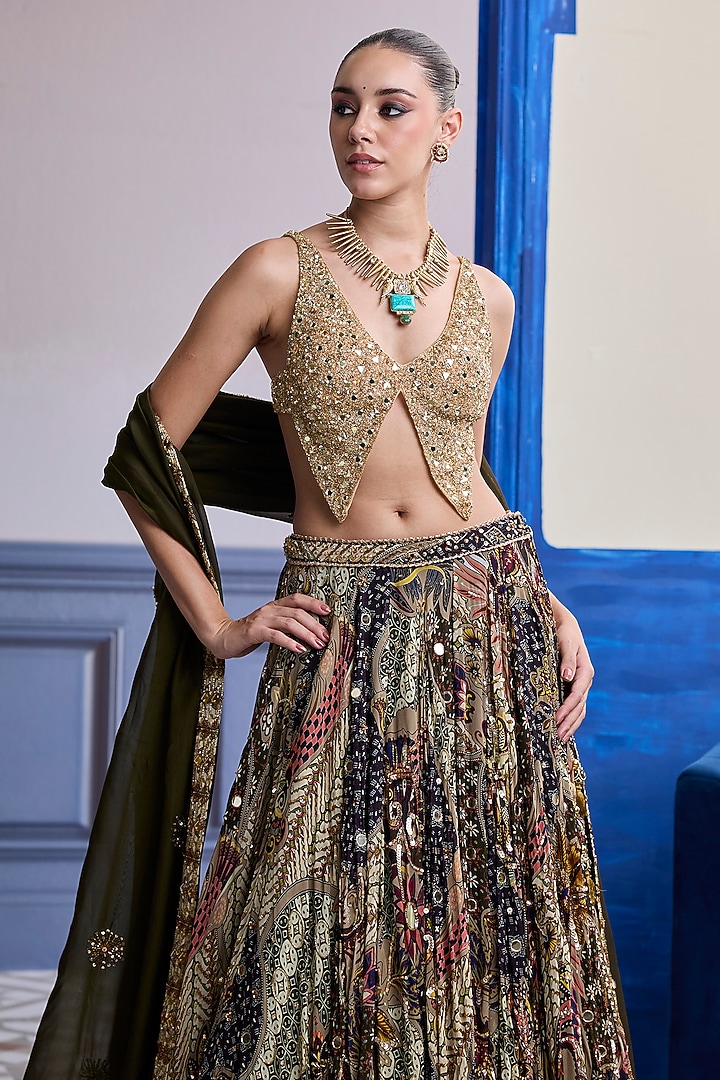 Olive Tulle & Organza Printed Wedding Lehenga Set by DiyaRajvvir at Pernia's Pop Up Shop