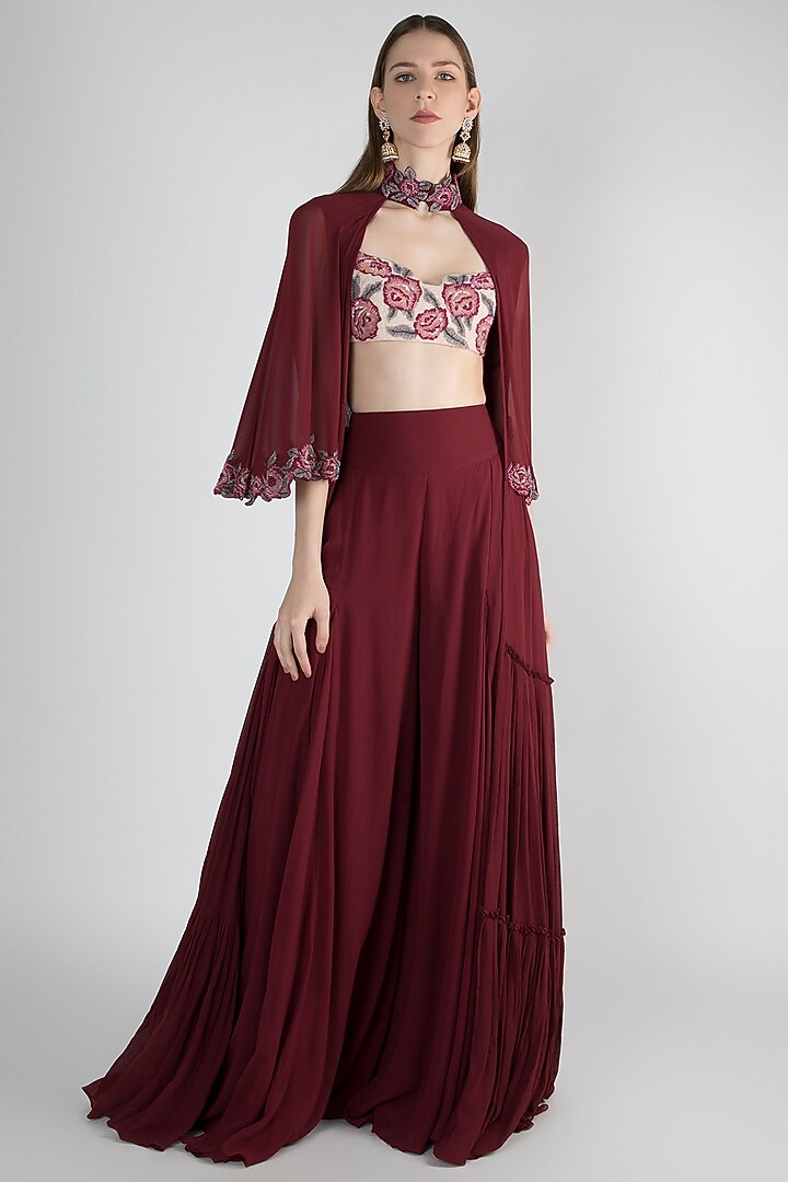 Maroon Embroidered Bralette With Pants & Gilet Jacket by DiyaRajvvir at Pernia's Pop Up Shop