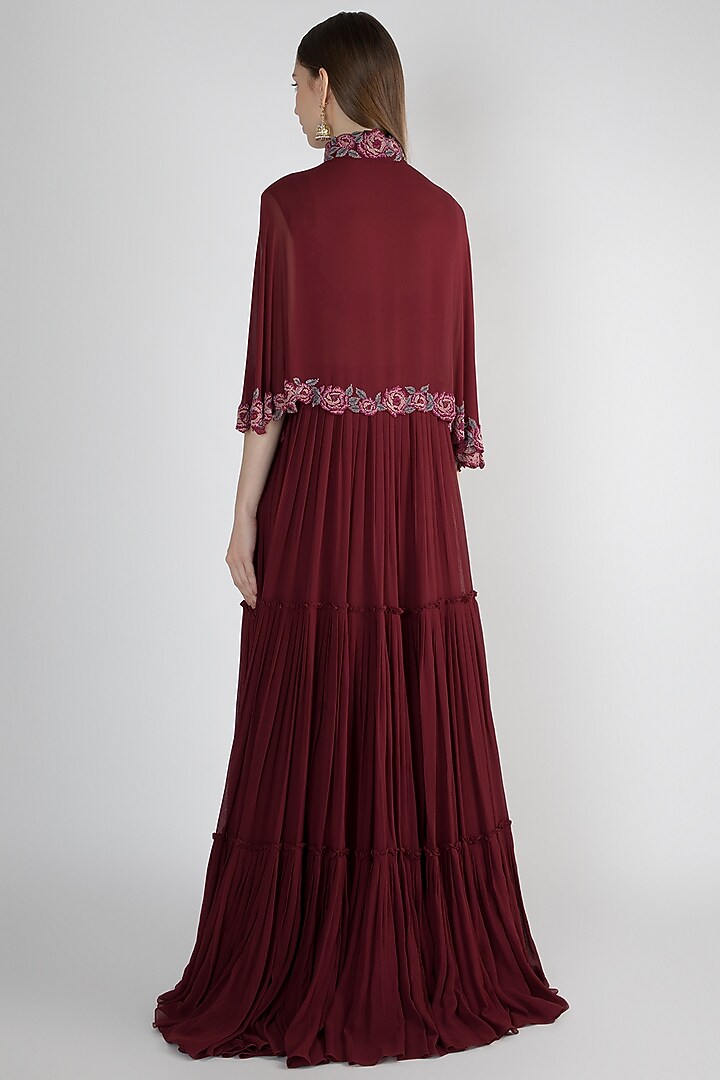 Maroon Embroidered Bralette With Pants & Gilet Jacket by DiyaRajvvir at Pernia's Pop Up Shop