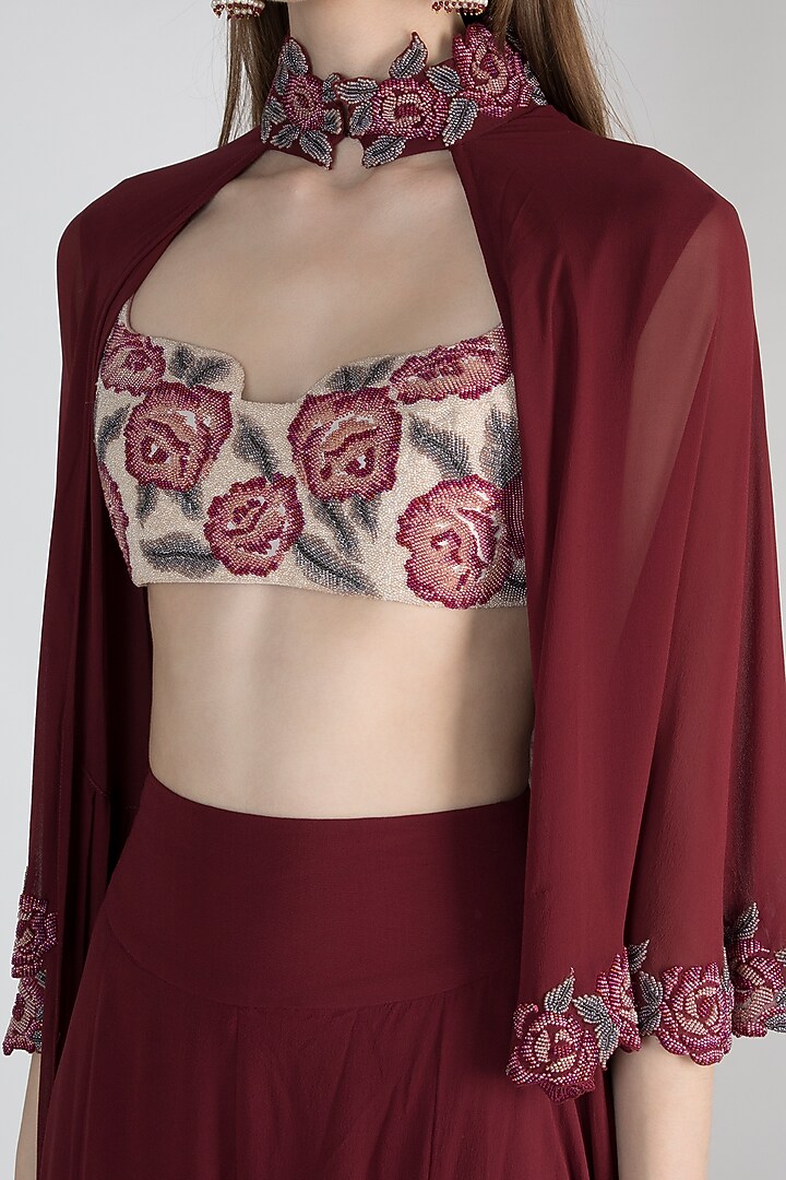Maroon Embroidered Bralette With Pants & Gilet Jacket by DiyaRajvvir at Pernia's Pop Up Shop