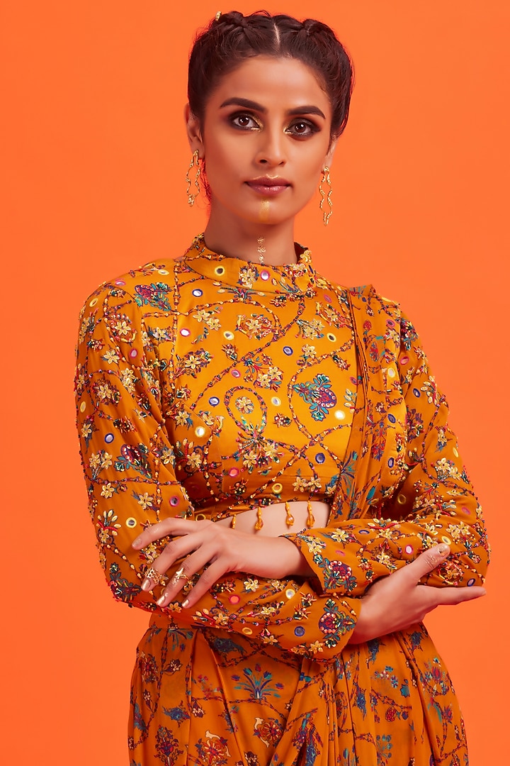 Yellow Box Pleated Wedding Saree Set by DiyaRajvvir at Pernia's Pop Up Shop