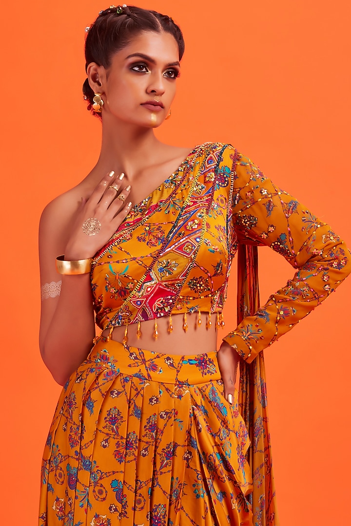 Yellow Printed Dhoti Skirt Set by DiyaRajvvir at Pernia's Pop Up Shop