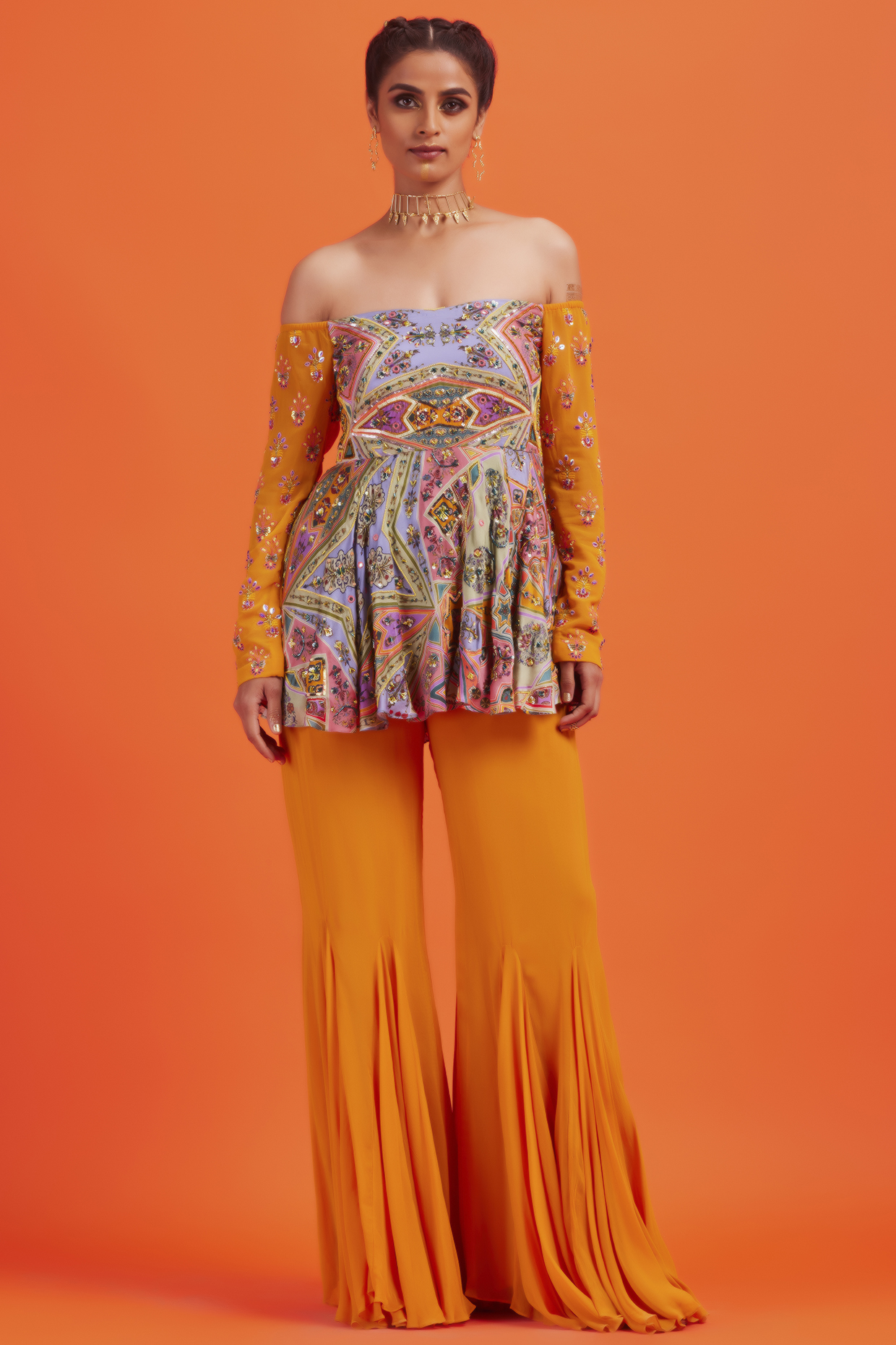 Yellow Modal & Georgette Godet Pant Set by DiyaRajvvir at Pernia's Pop Up Shop