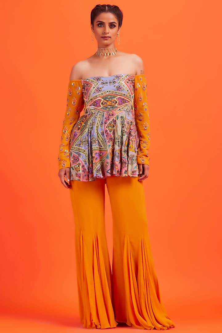 Yellow Modal & Georgette Godet Pant Set by DiyaRajvvir at Pernia's Pop Up Shop
