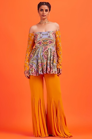 Yellow Modal & Georgette Godet Pant Set by DiyaRajvvir