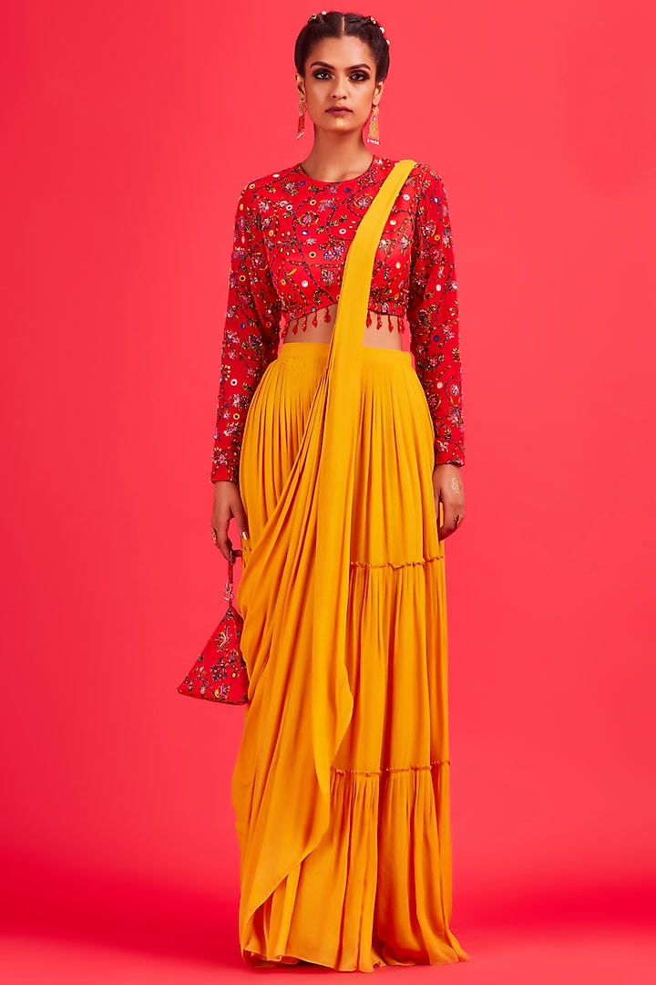 Yellow Tiered Skirt Saree Set by DiyaRajvvir