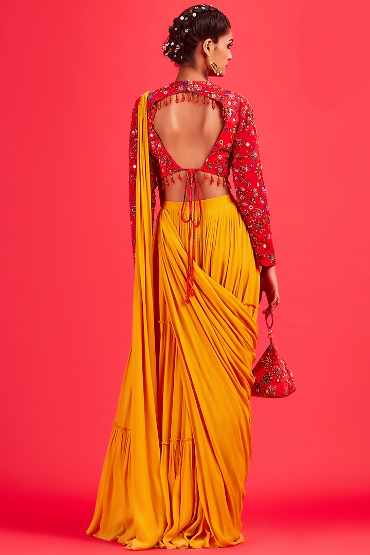 Yellow Tiered Skirt Wedding Saree Set by DiyaRajvvir at Pernia's Pop Up Shop