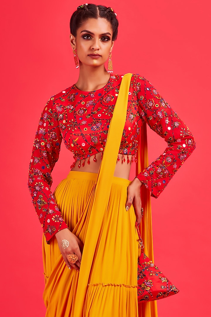 Yellow Tiered Skirt Wedding Saree Set by DiyaRajvvir at Pernia's Pop Up Shop