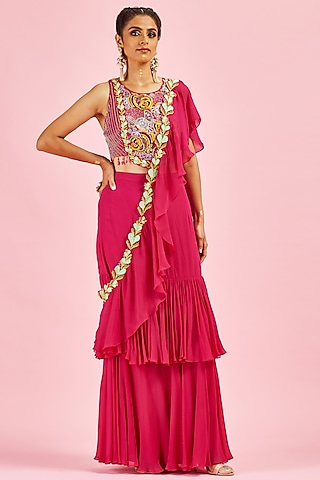 Fuchsia Georgette & Cotton Silk Ruffled Saree Set by DiyaRajvvir