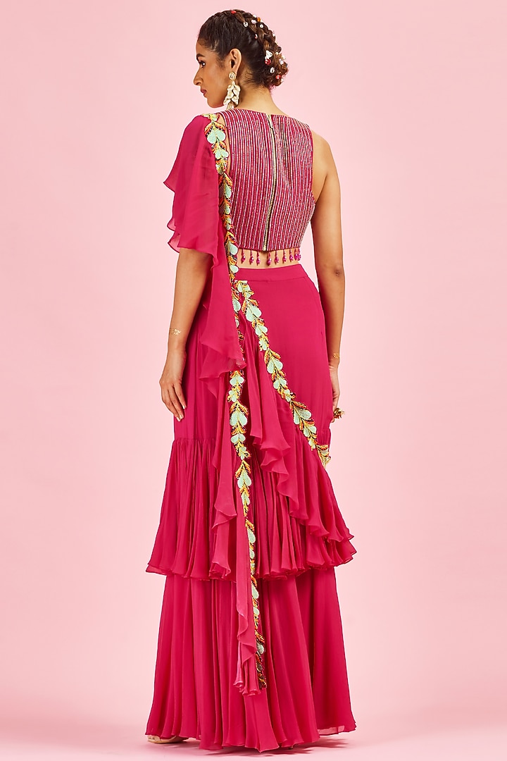 Fuchsia Georgette & Cotton Silk Ruffled Wedding Saree Set by DiyaRajvvir at Pernia's Pop Up Shop