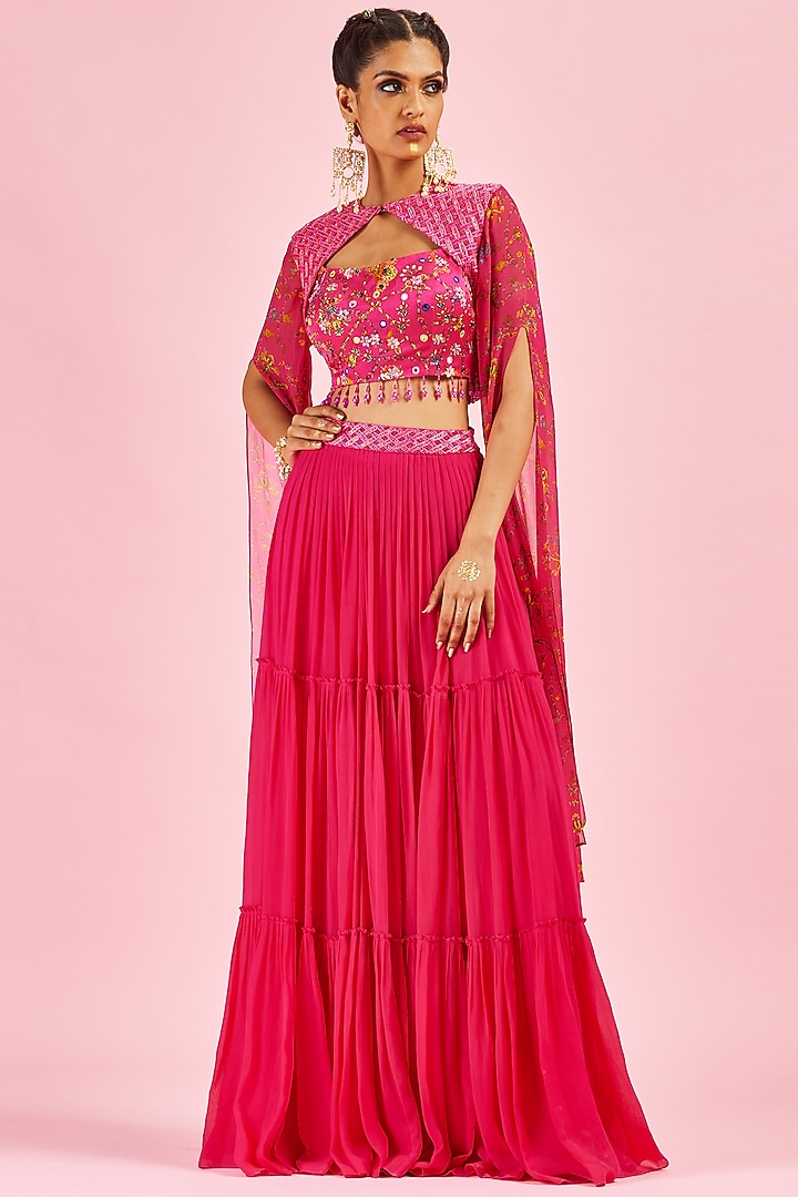 Fuchsia Embroidered Jacket Set by DiyaRajvvir at Pernia's Pop Up Shop