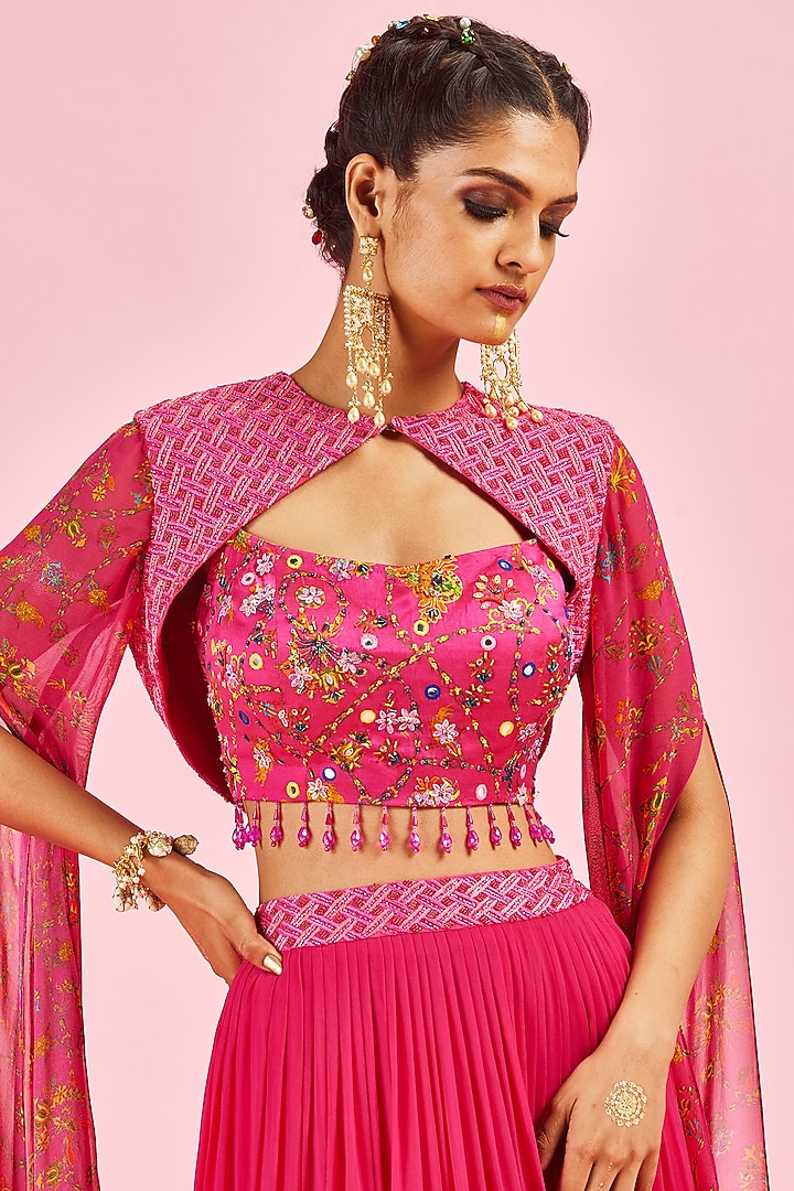 Fuchsia Embroidered Jacket Set by DiyaRajvvir at Pernia's Pop Up Shop