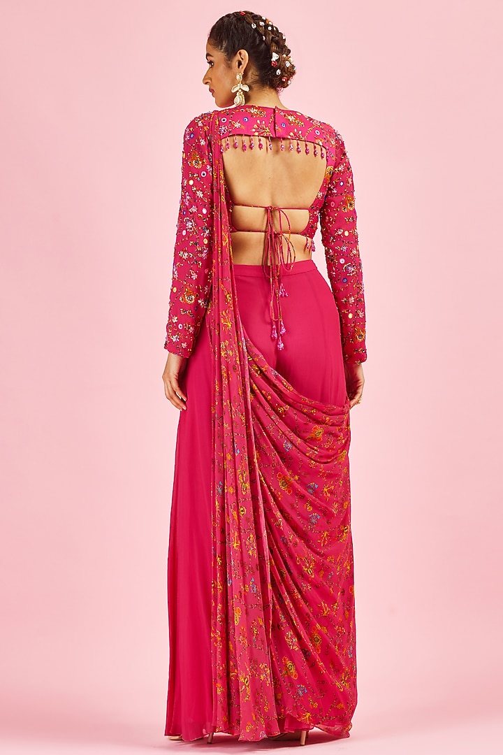 Fuchsia Georgette & Modal Printed Sharara Wedding Saree Set by DiyaRajvvir at Pernia's Pop Up Shop
