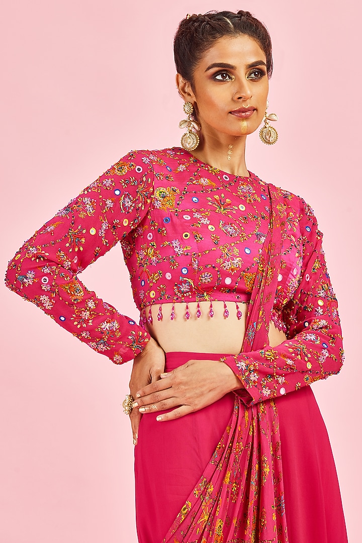 Fuchsia Georgette & Modal Printed Sharara Wedding Saree Set by DiyaRajvvir at Pernia's Pop Up Shop