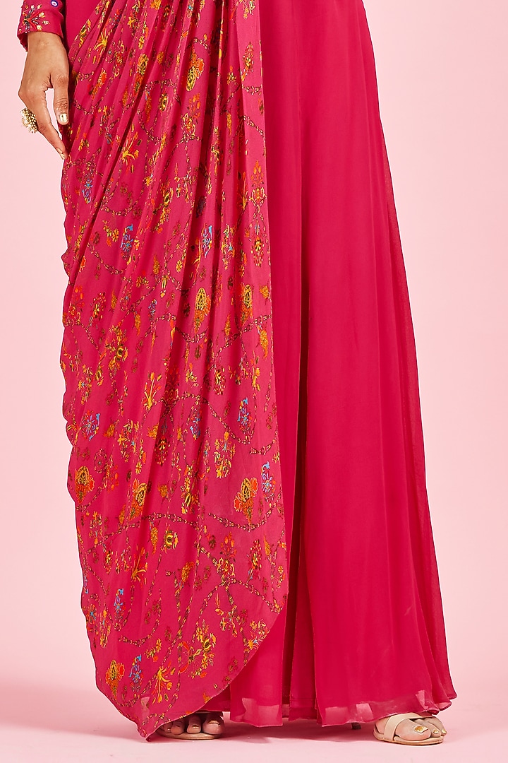 Fuchsia Georgette & Modal Printed Sharara Wedding Saree Set by DiyaRajvvir at Pernia's Pop Up Shop