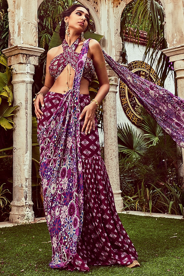 Purple Georgette Jaal Printed & Embroidered Gharara Saree Set by DiyaRajvvir