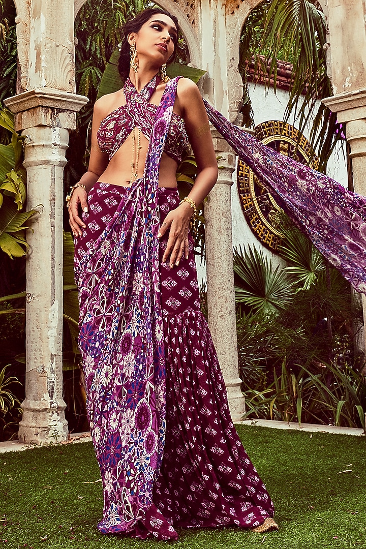 Purple Georgette Jaal Printed & Embroidered Gharara Wedding Saree Set by DiyaRajvvir at Pernia's Pop Up Shop