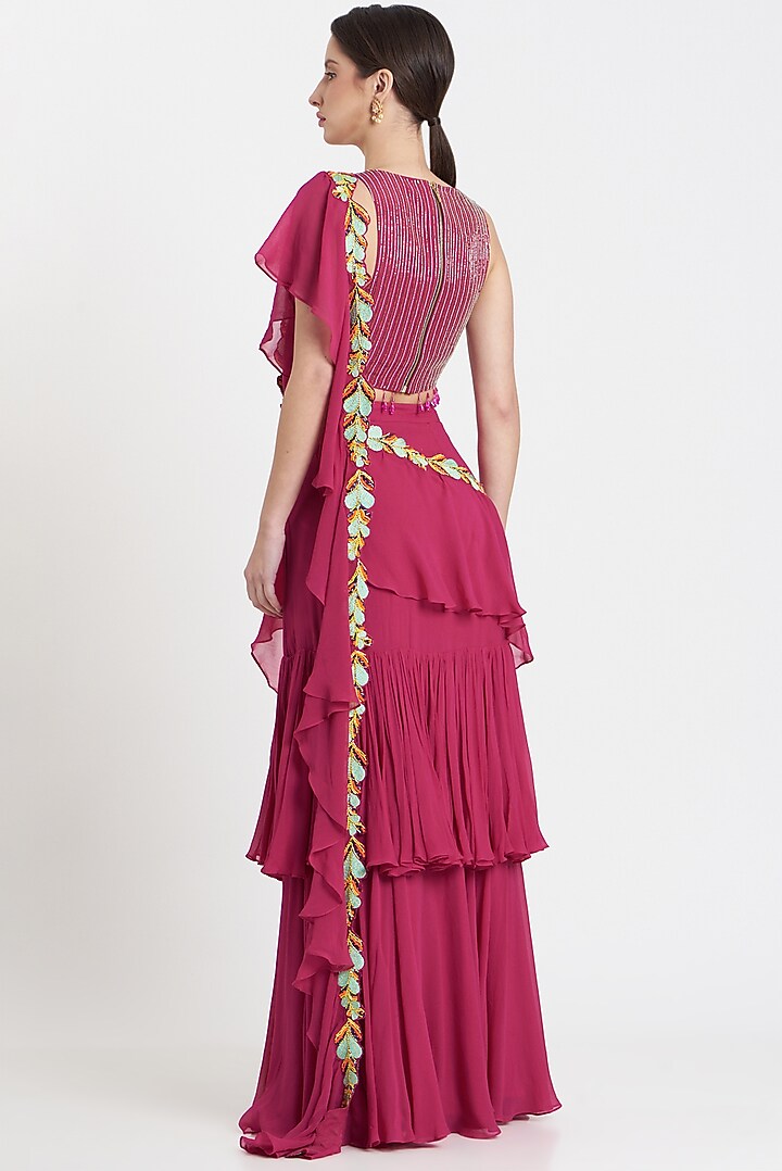 Fuchsia Embroidered Wedding Saree Set by DiyaRajvvir at Pernia's Pop Up Shop