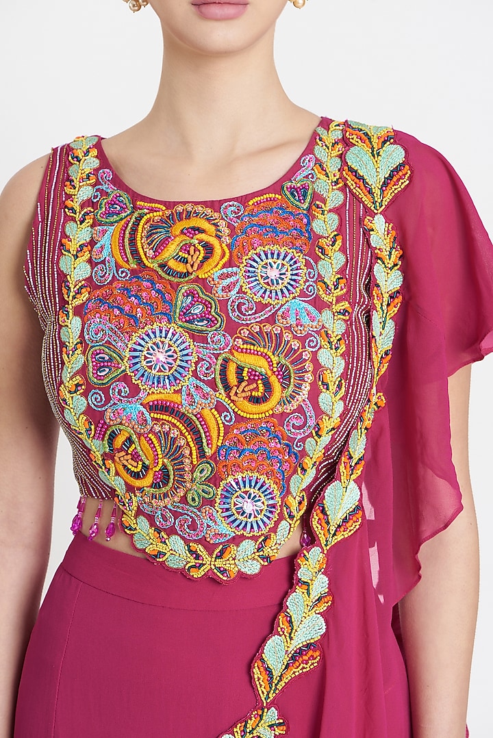 Fuchsia Embroidered Wedding Saree Set by DiyaRajvvir at Pernia's Pop Up Shop