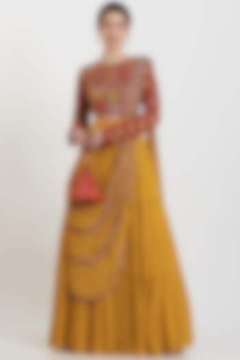 Yellow Modal Jaal Printed & Sequins Embroidered Tiered Skirt Saree Set by DiyaRajvvir