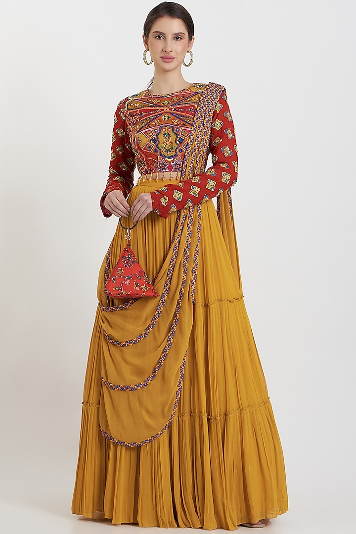 Yellow Modal Jaal Printed & Sequins Embroidered Tiered Skirt Saree Set by DiyaRajvvir