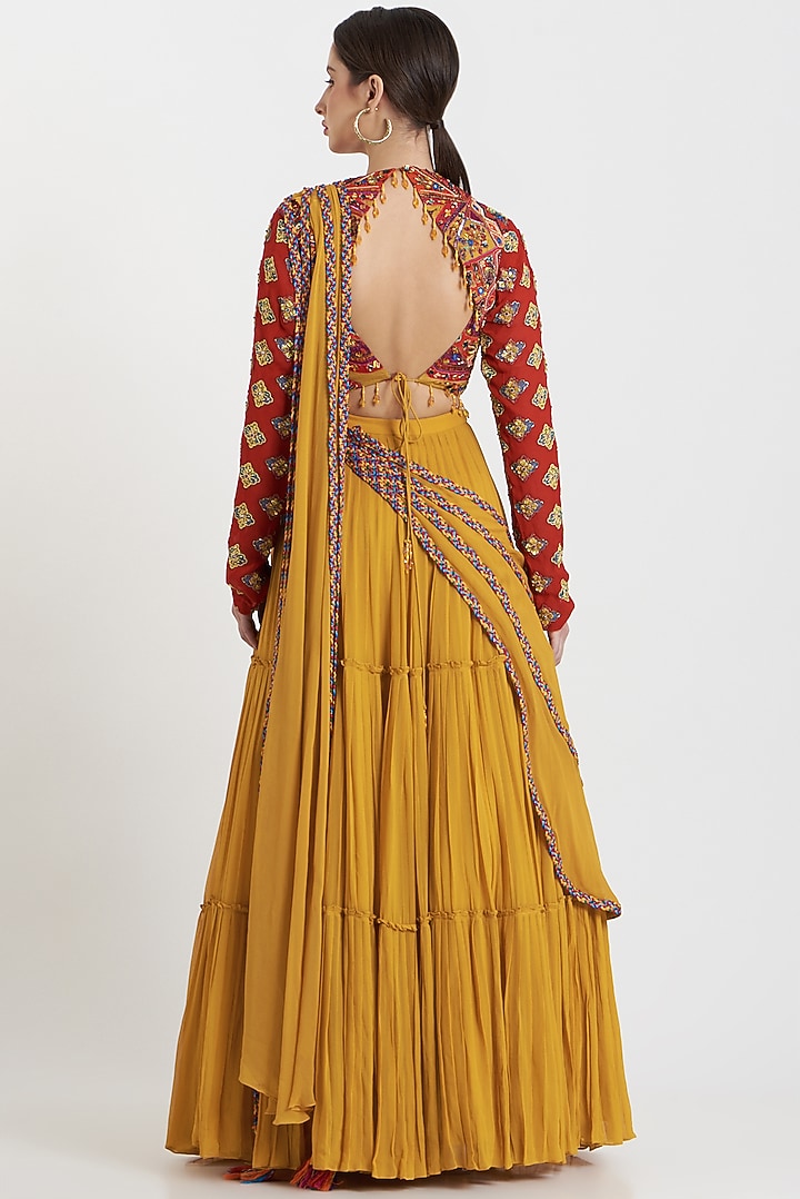 Yellow Modal Jaal Printed & Sequins Embroidered Tiered Skirt Wedding Saree Set by DiyaRajvvir at Pernia's Pop Up Shop