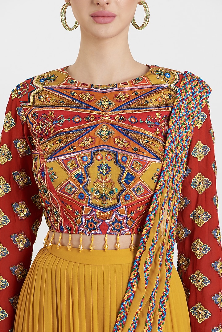 Yellow Modal Jaal Printed & Sequins Embroidered Tiered Skirt Wedding Saree Set by DiyaRajvvir at Pernia's Pop Up Shop
