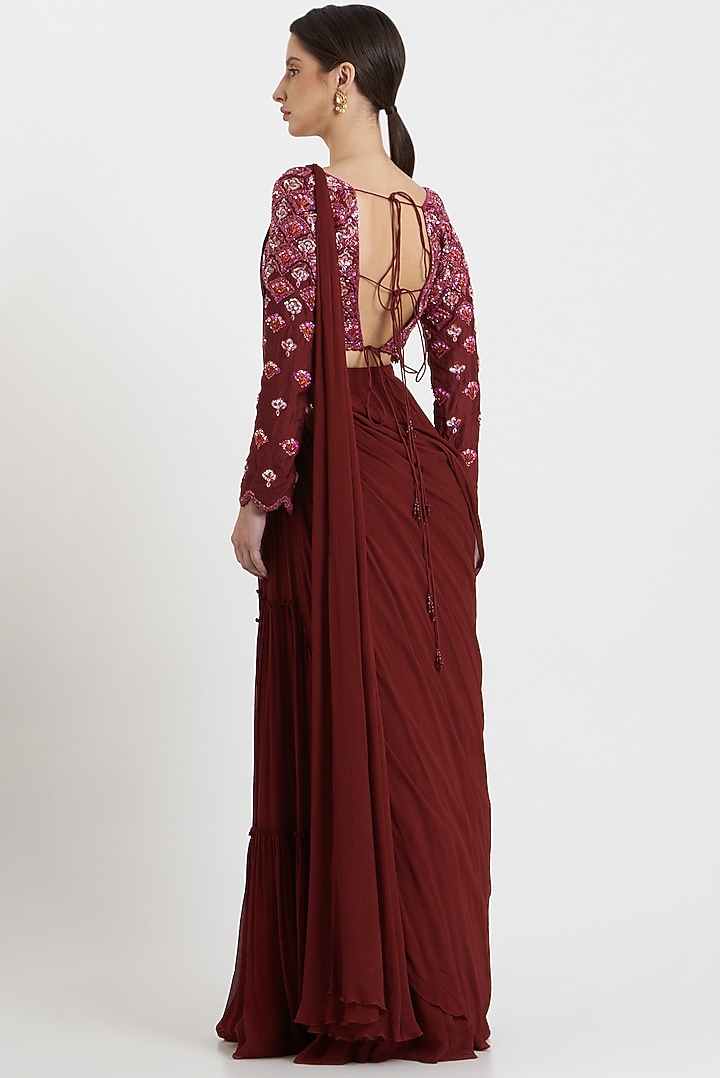 Deep Red Cotton Silk & Georgette Embroidered Skirt Wedding Saree Set by DiyaRajvvir at Pernia's Pop Up Shop