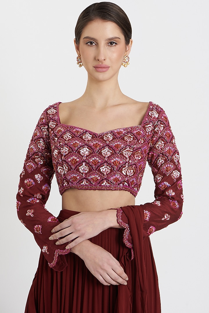 Deep Red Cotton Silk & Georgette Embroidered Skirt Wedding Saree Set by DiyaRajvvir at Pernia's Pop Up Shop